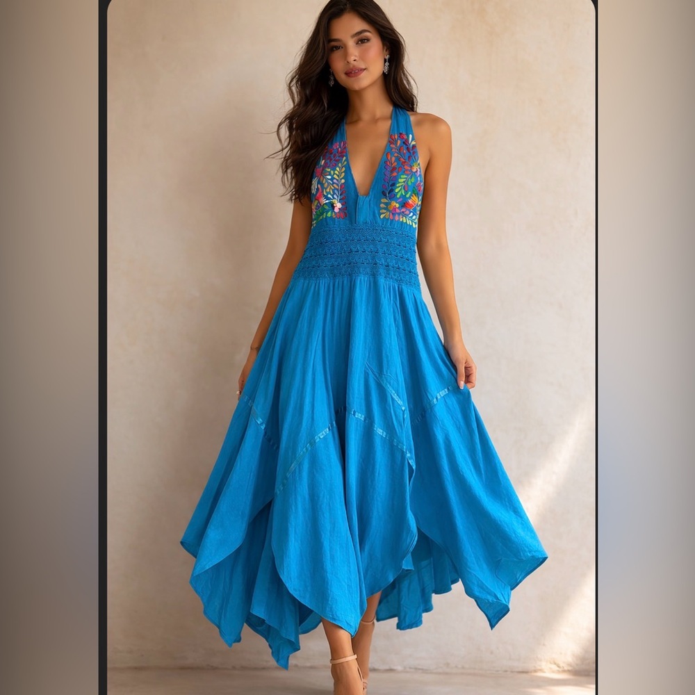 Blue Halter Embroidered Maxi Dress Mexican Dress